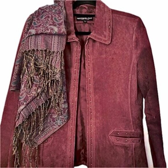 😊Monteray Bay Burgundy Suede Jacket Womens Sz 12 Antique Brass Studs Zip Pocket - Picture 4 of 10